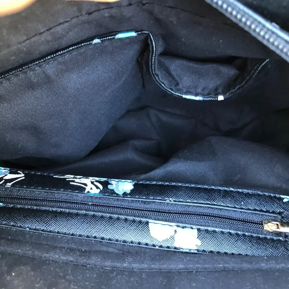 Faux Leather Purse Shoulder Top Handle Bowling Bag Black Floral 3 Compartment​​ - Picture 13 of 16